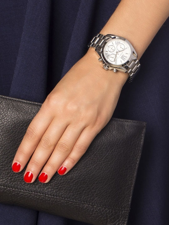 Michael Kors Bradshaw Γυναικείο Ρολόι 34mm Χρονογράφος Μπαταρίας με Ασημί Μεταλλικό Μπρασελέ