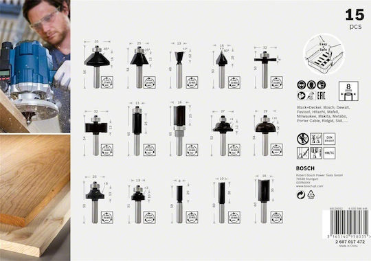 Bosch Set Router Bits for 8mm Shank Cutter Set Carbide for Groove Shaping in Wood 8mm with Guide and Bearing 15pcs