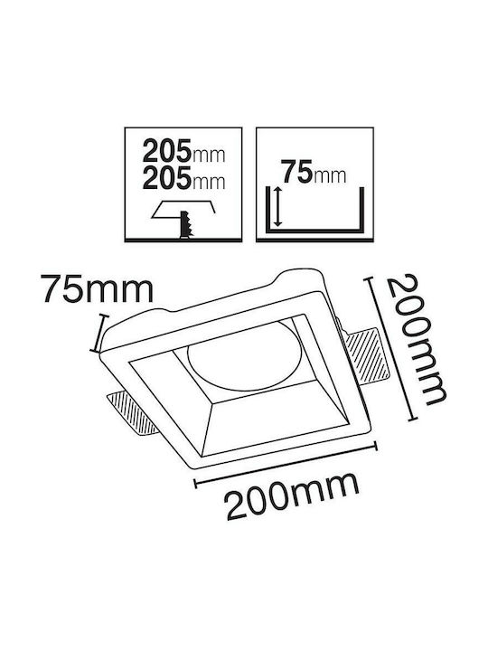 VK Lighting Квадрат Гипс Вграден Спот с Патрон G53 ΑR111 Бял 20x20см. 1бр