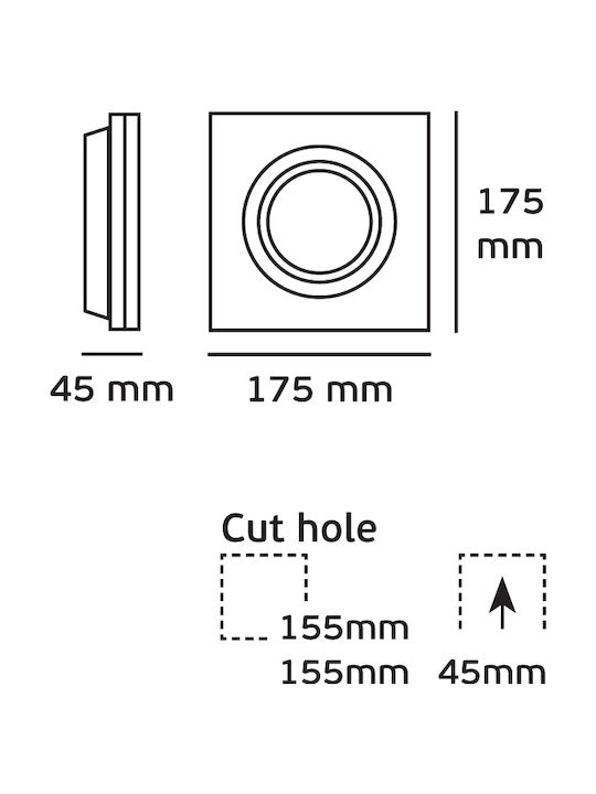 VK Lighting Τετράγωνο Μεταλλικό Χωνευτό Σποτ με Ντουί G53 AR111 Κινούμενο Μαύρο 17.5x17.5εκ. 1τμχ