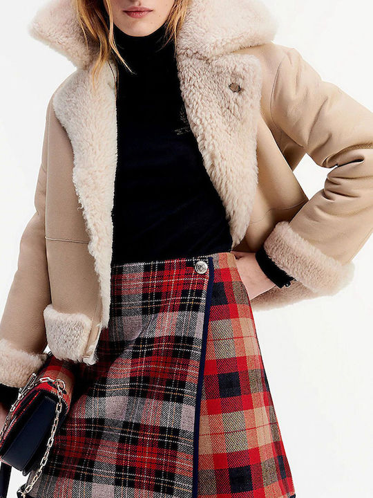 Mouton Women's Biker Jacket with Fur Lining Ecru