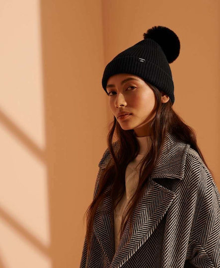 Heritage Ribbed Pom Pom Beanie Γυναικείος Σκούφος Πλεκτός σε Μαύρο χρώμα