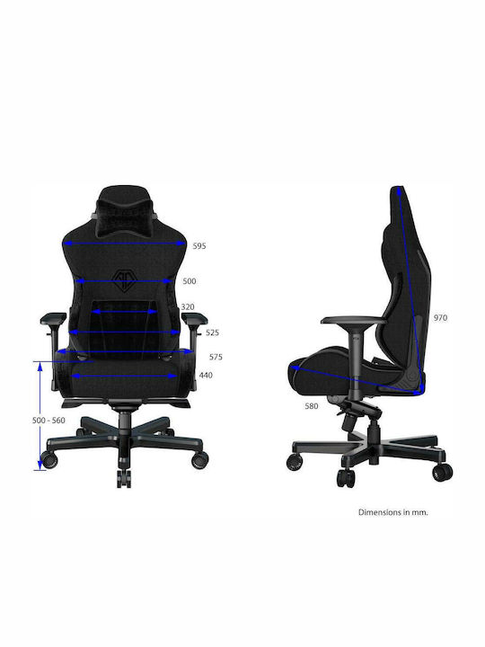 Anda Seat AD12XLLA T-Pro II Υφασμάτινη Καρέκλα Gaming με Ρυθμιζόμενα Μπράτσα Μαύρη