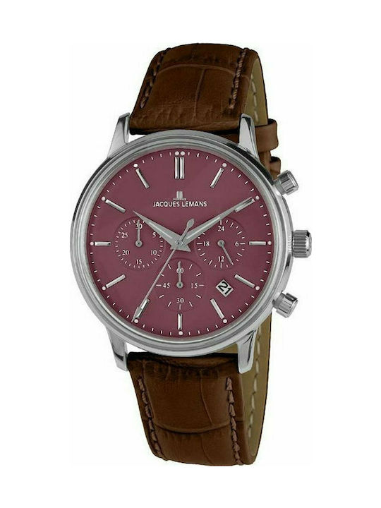 Jacques Lemans Watch Chronograph Battery with Brown Leather Strap