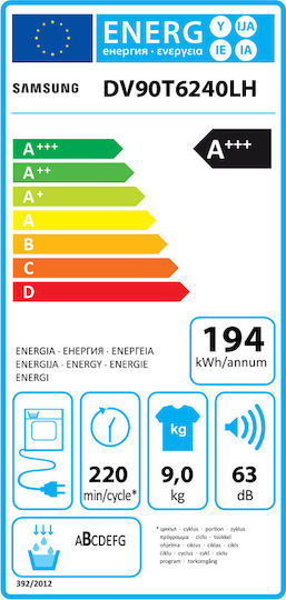Samsung DV90T6240LH/S6 Tumble Dryer 9kg A+++ with Heat Pump