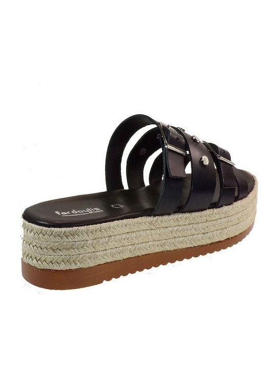 Fardoulis Leather Women's Flat Sandals Flatforms in Black Color