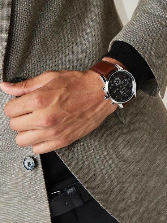 Boss Navigator Herrenuhr 44mm Chronograph Batterie mit Braun Lederarmband