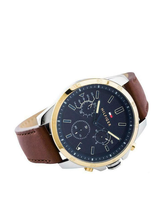 Tommy Hilfiger Decker Ανδρικό Ρολόι 46mm Χρονογράφος Μπαταρίας με Καφέ Δερμάτινο Λουράκι