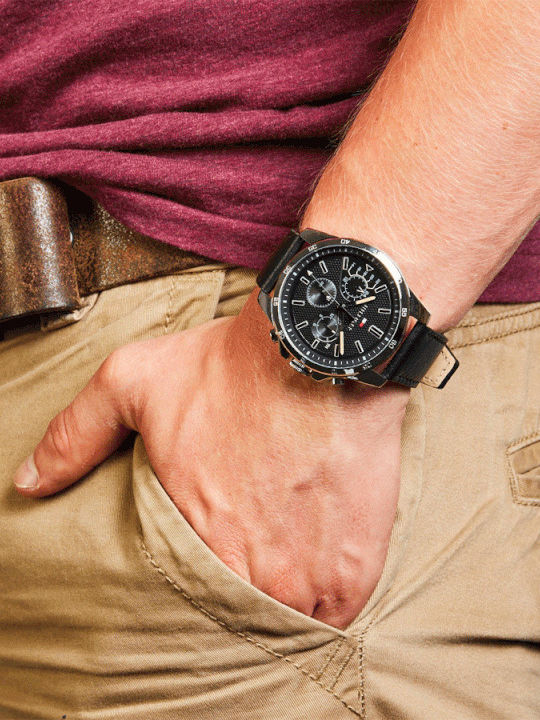 Tommy Hilfiger Decker Men's Watch 45mm Chronograph Battery with Black Leather Strap