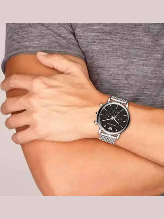 Emporio Armani Classic Herrenuhr 46mm Chronograph Batterie mit Silber Metallarmband