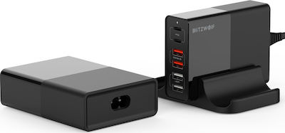 BlitzWolf Ladestation mit 4 USB-A Anschlüsse und 2 USB-C Anschlüsse 75W Schnellaufladung 3.0 / Stromlieferung in Schwarz Farbe (BW-S16)
