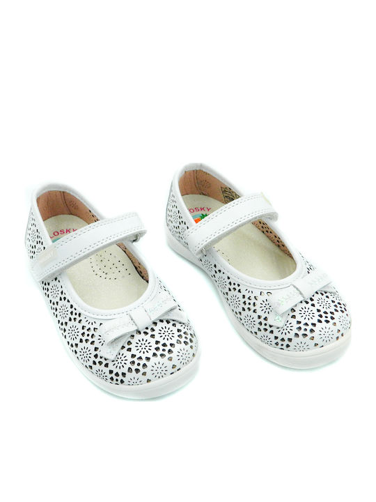 Kids Leather Ballerinas with Hoop & Loop Closure White
