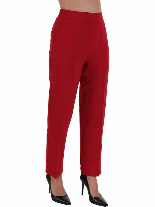Ankle Women's Fabric Trousers with Elastic Regular Fit Red