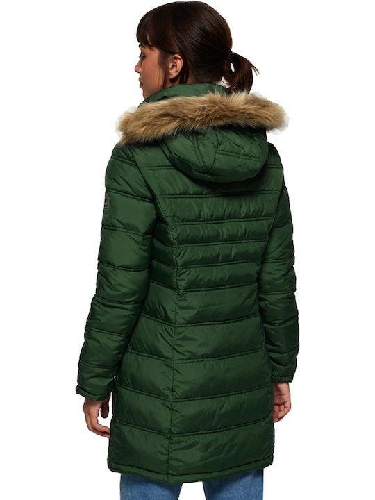 Superdry Mountain Super Fuji Scurt Jachetă de femei Puffer cu glugă de blană pentru iarnă Verde