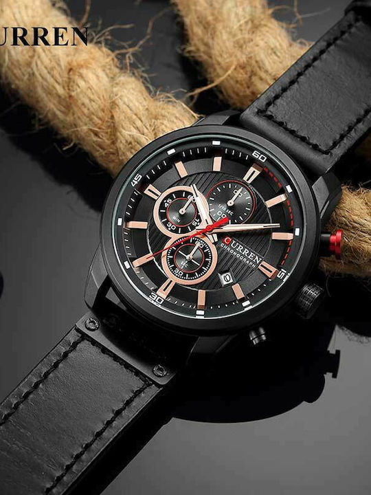 Curren Ανδρικό Ρολόι 43mm Χρονογράφος Μπαταρίας με Μαύρο Δερμάτινο Λουράκι