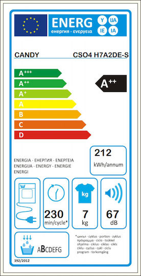 Candy CSO4 H7A2DE-S Στεγνωτήριο 7kg A++ με Συμπυκνωτή