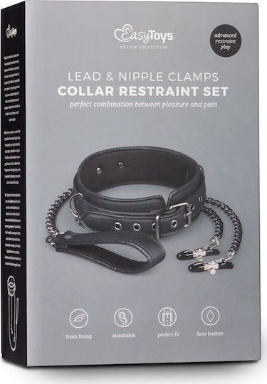 Easytoys Fetish Collection Leather Collar with Nipple Chains BDSM Kit in Black Color