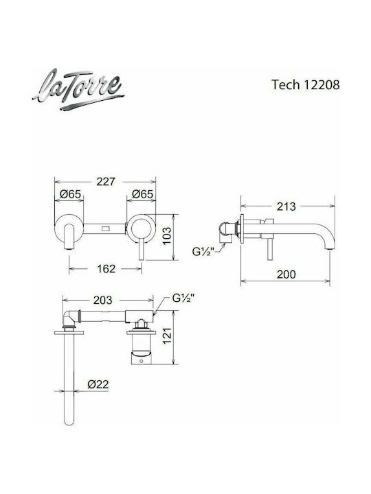 La Torre New Tech Built-in Mixer & Spout Set for for Bathroom Sink 1 Exit Black Matt 2 Holes