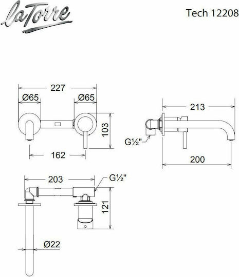 La Torre New Tech Set Mischer & Auslauf für Wandmontage für für Waschbecken 1 Ausfahrt Black Matt 2 Löcher