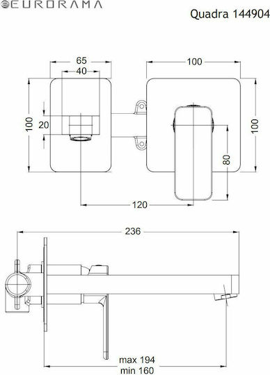 Eurorama Quadra Built-in Mixer & Spout Set for for Bathroom Sink 1 Exit Black Matt