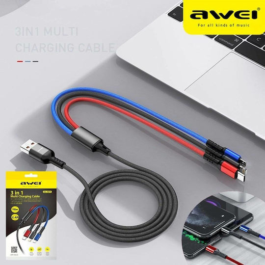 Awei CL-971 Braided USB to Lightning / Type-C / micro USB 1.2m 2.4A Cable (x24785)