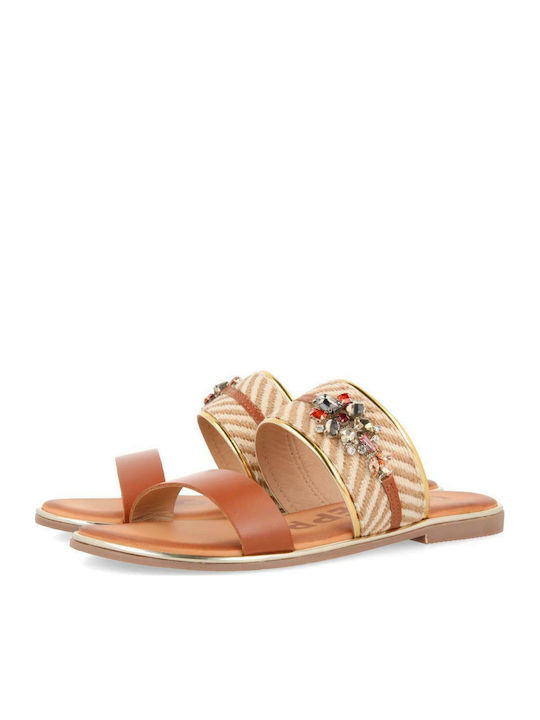 59831 Leather Women's Flat Sandals in Tabac Brown Color