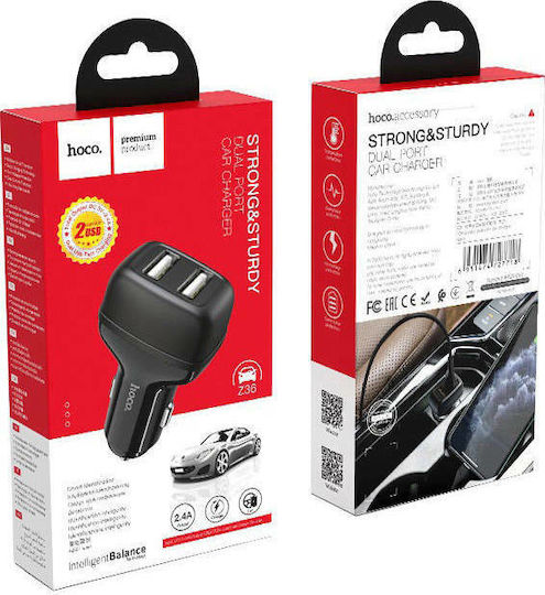 Hoco Z36 Leader Auto-Ladegerät 12W 2.4A mit Anschlüssen: 2xUSB Schwarz Farbe
