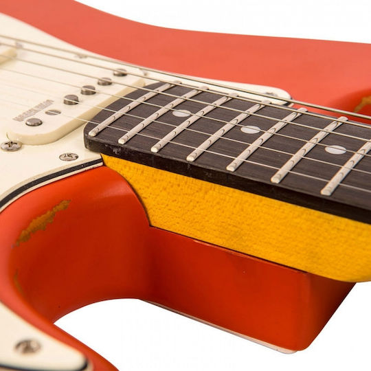 Vintage V6 Icon Electric Guitar Stratocaster with SSS Pickup Configuration Distressed Firenza Red