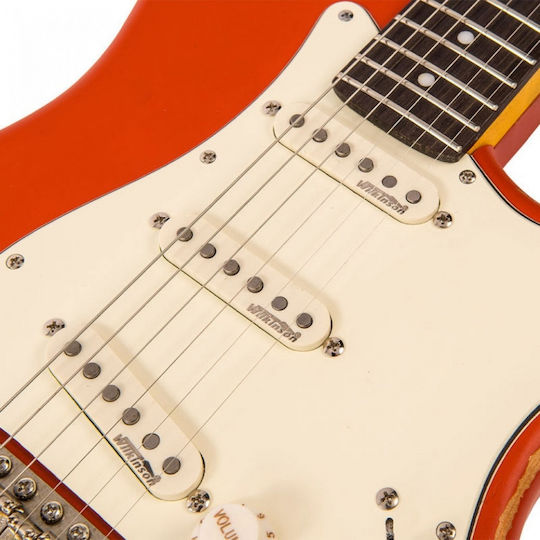 Vintage V6 Icon Electric Guitar Stratocaster with SSS Pickup Configuration Distressed Firenza Red
