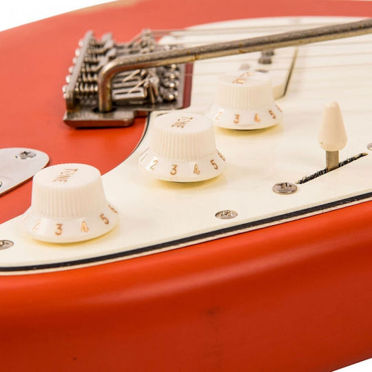 Vintage V6 Icon Electric Guitar Stratocaster with SSS Pickup Configuration Distressed Firenza Red
