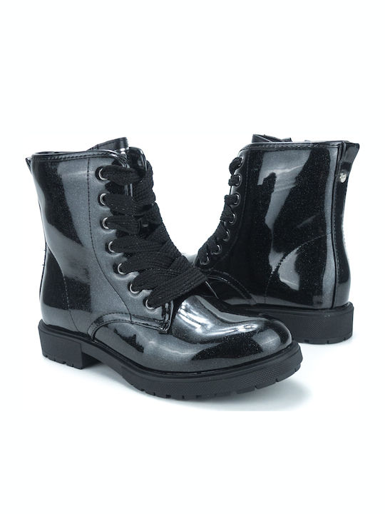 Gioseppo Kids Patent Leather Military Boots with Zipper Black