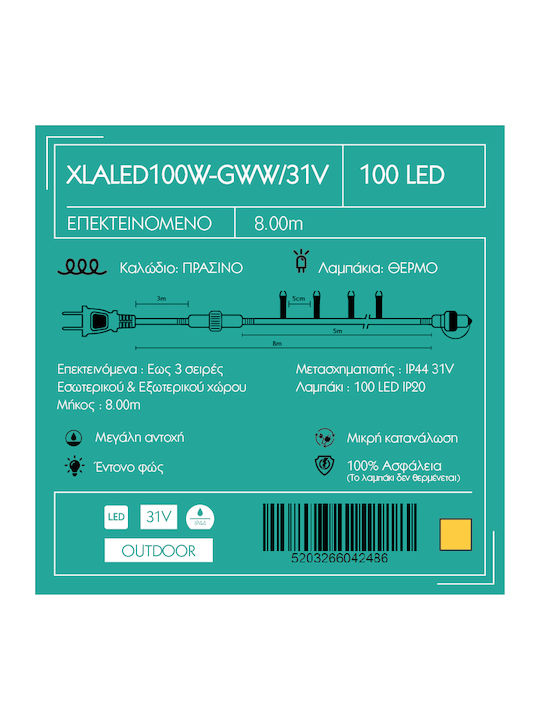 100 Lights LED 8m. Warm White in String 1pcs