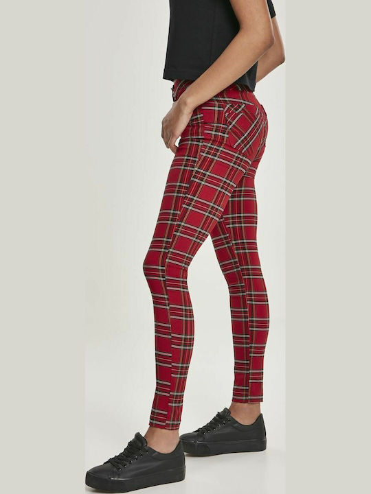 Women's Fabric Trousers Skinny Fit Checked Red