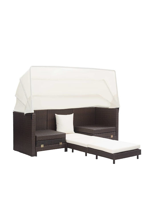 Șezlong Pat Triplu Rattan cu Pernă și Parasolar Maro 200x185x70cm