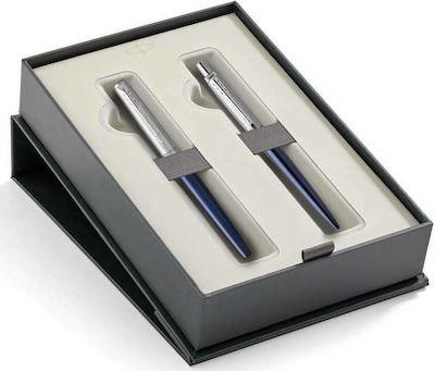 Parker Jotter Stiftset Kugelschreiber mit Füllfeder aus Stahl Street Blue in einem Etui (in einer Papierkassette)