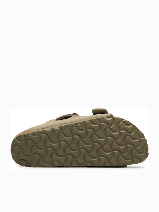 Arizona Soft Footbed Suede Leather Women's Flat Sandals Anatomic in Khaki Color Narrow Fit