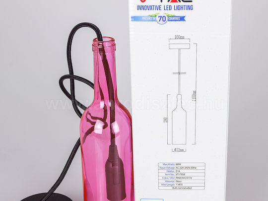 V-TAC Bottle Висящо Осветително Тяло Розов с Цокъл E14, E.14