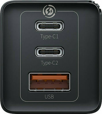 Baseus mit USB-A Anschluss und 2 USB-C Anschlüssen 65W Schnellaufladung 3.0 Schwarz (GaN2 Pro)