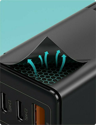 Baseus mit USB-A Anschluss und 2 USB-C Anschlüssen 65W Schnellaufladung 3.0 Schwarz (GaN2 Pro)