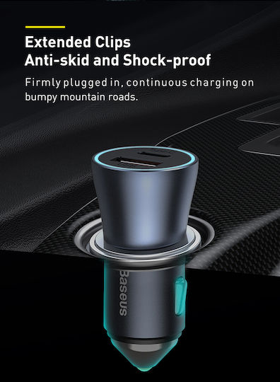 Baseus Car Charger 40W 3A Fast Charging with one Port: 1xUSB Gray Color