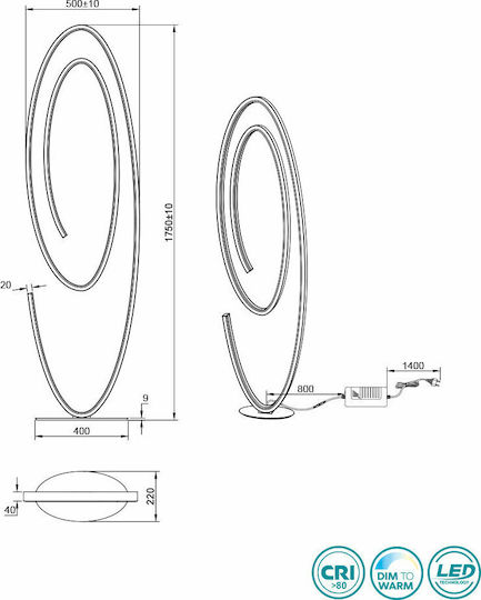 Cinque Ciola LED Floor Lamp H175xW40cm. with Natural White Light Black