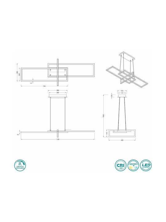 Trio Lighting Salinas Adjustable Pendant Light White Rail 110x40x40cm