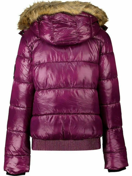 Superdry High Shine Toya Kurz Damen Puffer Jacke mit pelziger Kapuze für Winter Lila