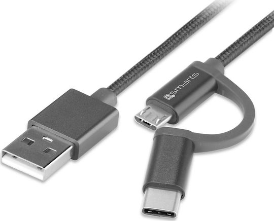 4Smarts Плетена USB към Type-C / micro USB Кабел Сив 1м (4S468544)