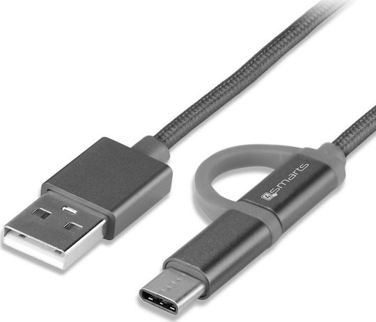 4Smarts Плетена USB към Type-C / micro USB Кабел Сив 1м (4S468544)
