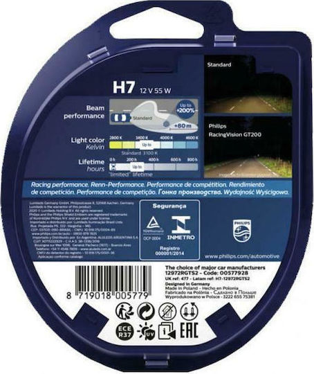 Philips Lampen Auto RacingVision GT200 H7 Halogen 3600K Warmes Weiß 12V 55W 2Stück