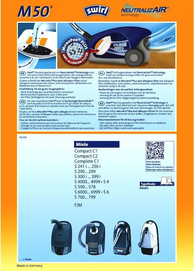 Swirl M50 NeutralizAir Σακούλες Σκούπας 4τμχ Συμβατή με Σκούπα Miele