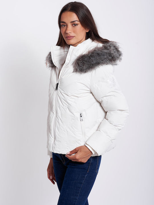 Cassia Scurtă Jachetă de femei Puffer cu glugă de blană Alb