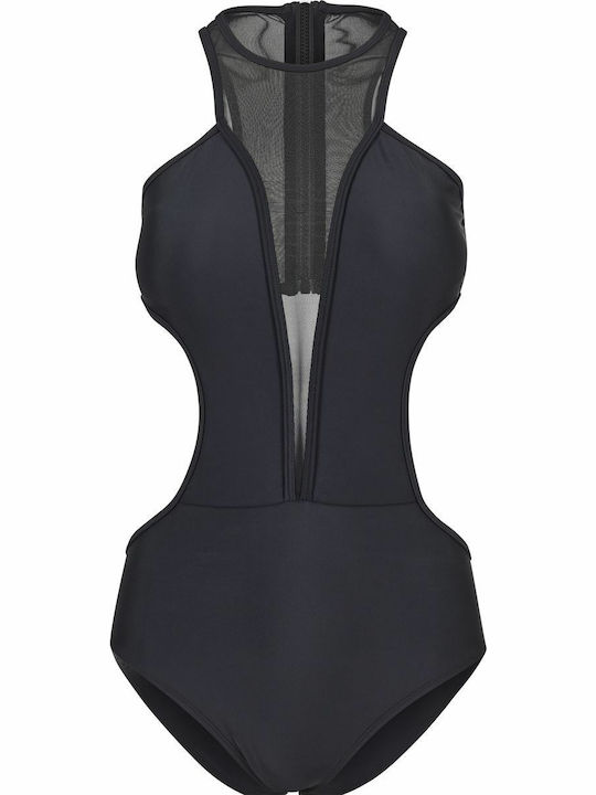 Tech Mesh Badeanzug mit Ausschnitten Schwarz
