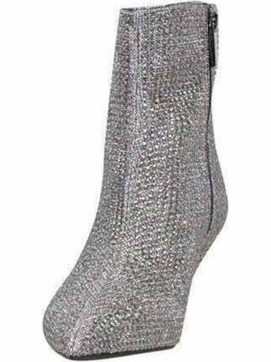 Blaine Glitter Γυναικεία Μποτάκια Αστραγάλου με Μεσαίο Τακούνι Ασημί